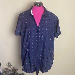 Vtg Shirt Womens XXL Navy Sailor Anchor Print Button Up